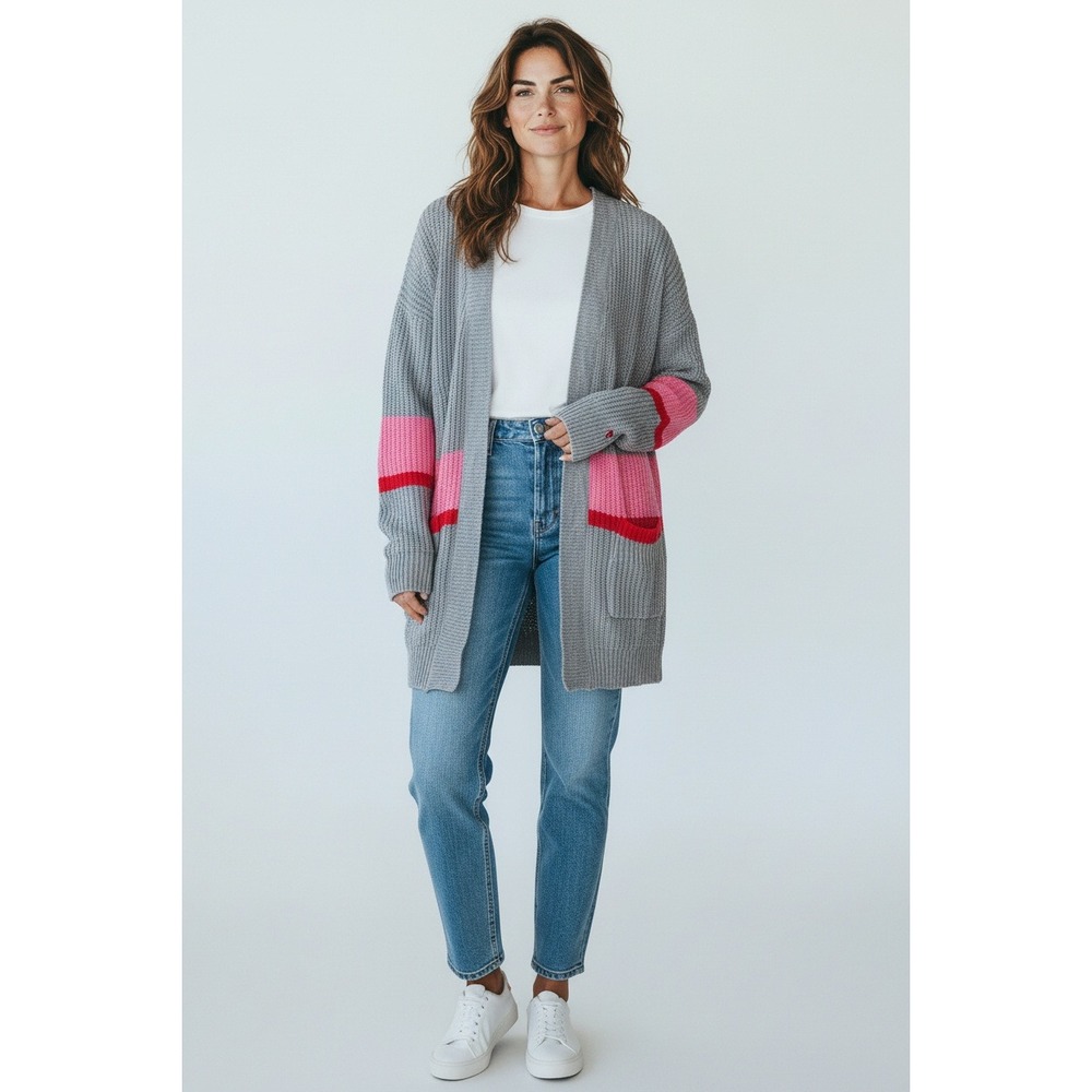 Ultra Flirt Cardigan Open Front Gray/Pink Striped  Knit Lightweight Cozy Medium‎
